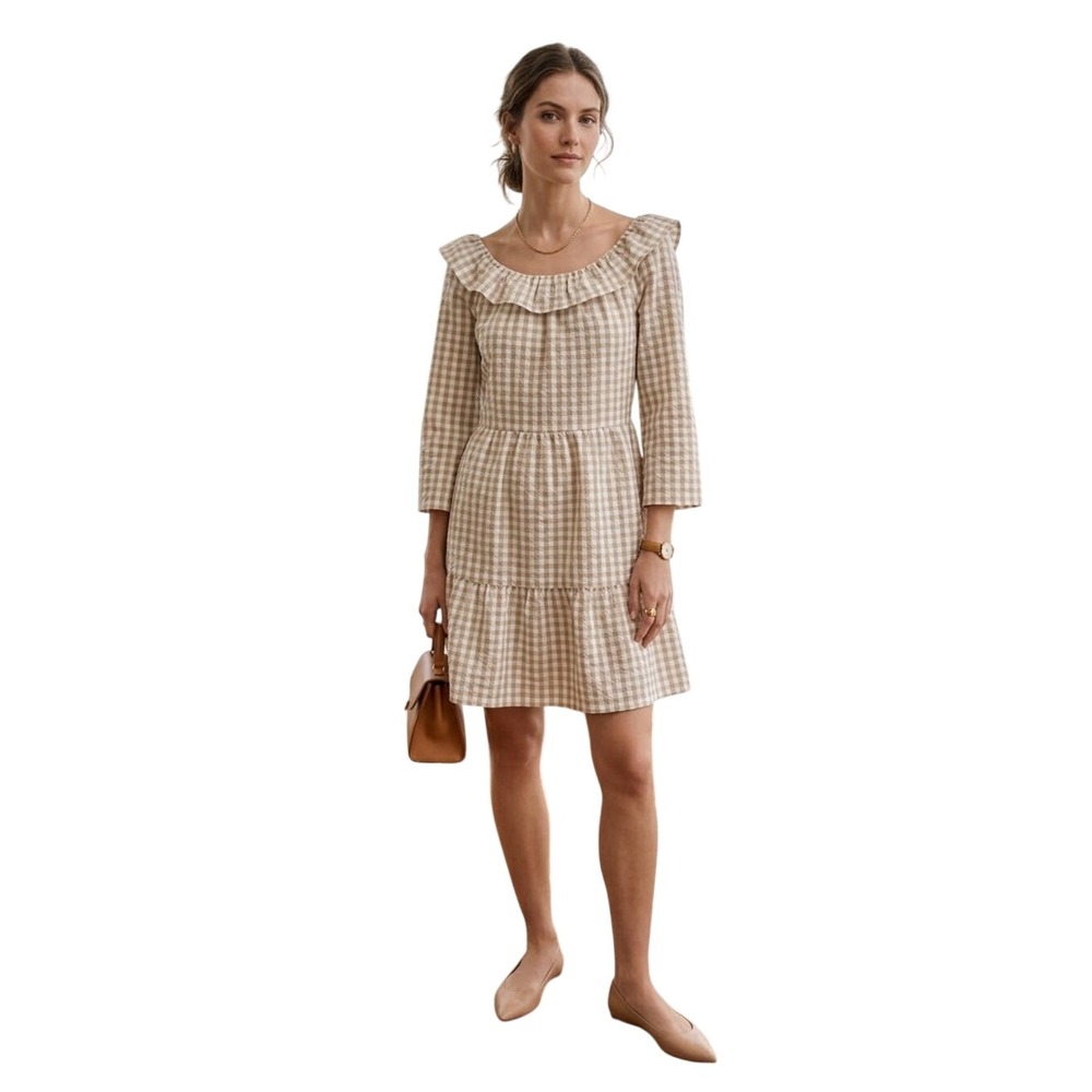 J.Crew Tan White Gingham Seersucker Off Shoulder Mini Dress 2 Preppy Prairie